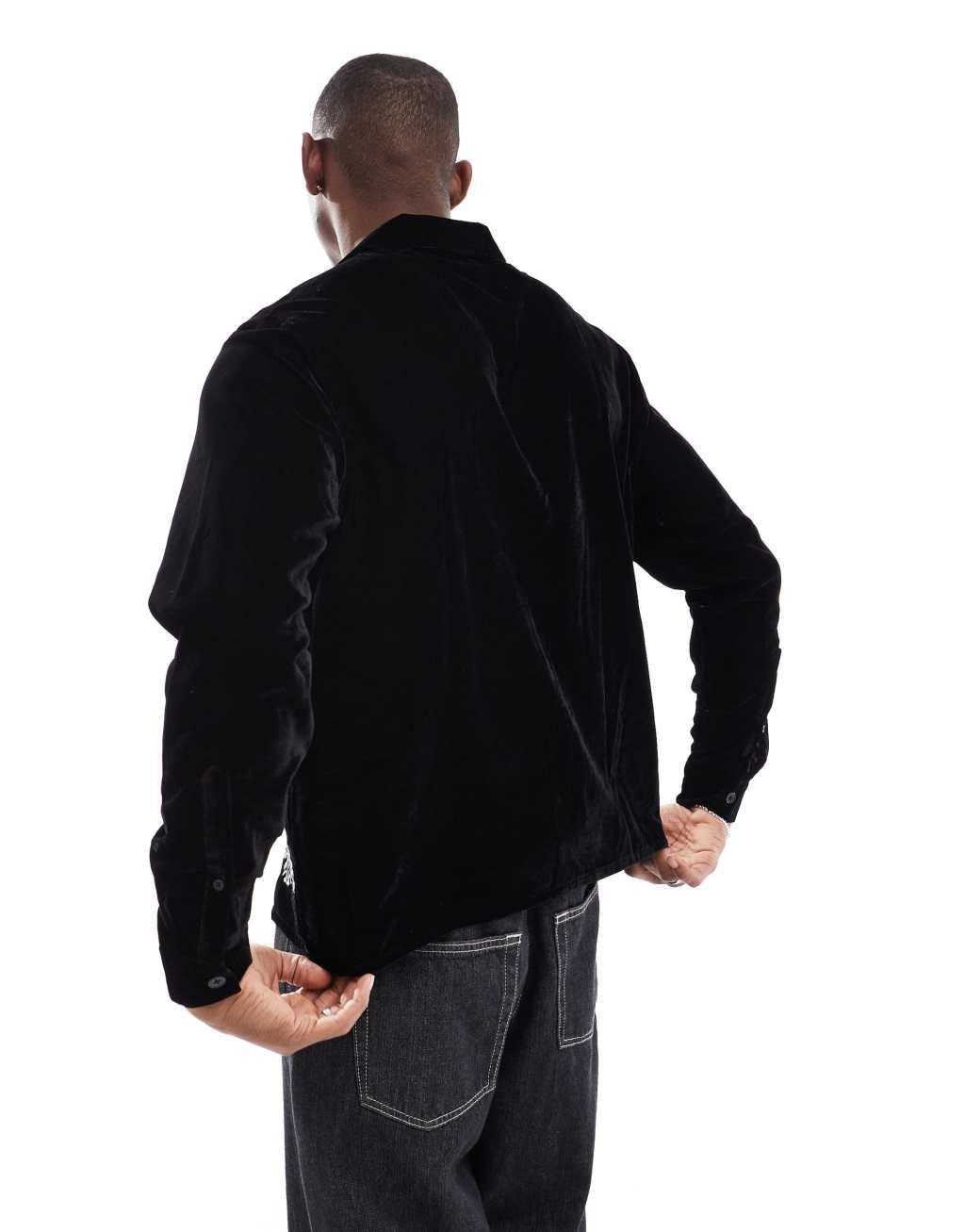 ASOS DESIGN boxy velvet shirt with embroidery border in black Product Image