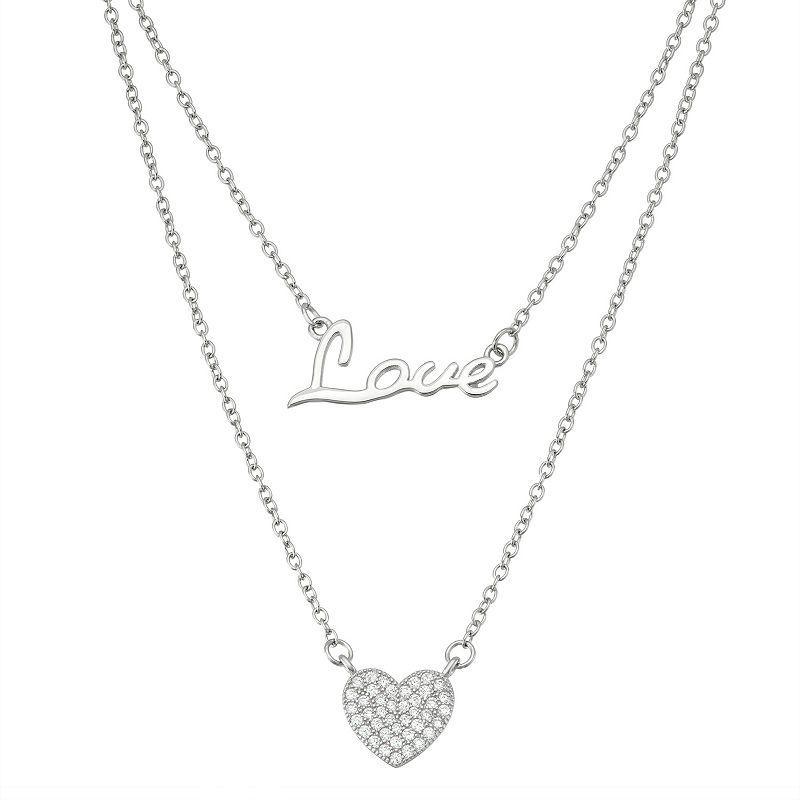 Sterling Silver Cubic Zirconia Love & Heart Layered Necklace, Womens White Product Image