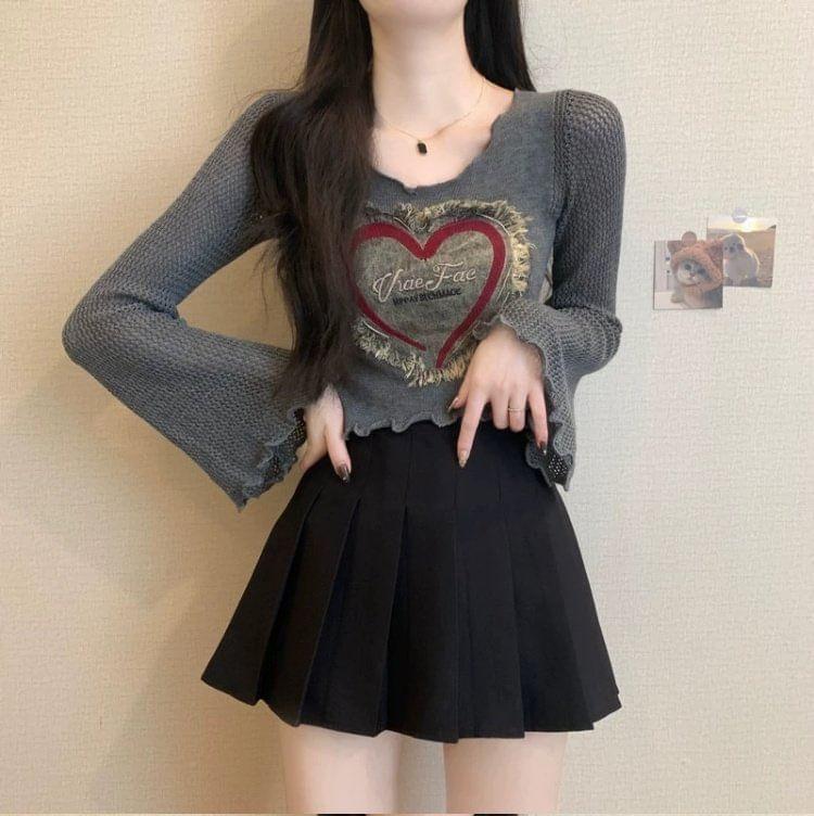 Long-Sleeve Scoop Neck Heart Denim Patchwork Lettuce Edge Crop Knit Top Product Image