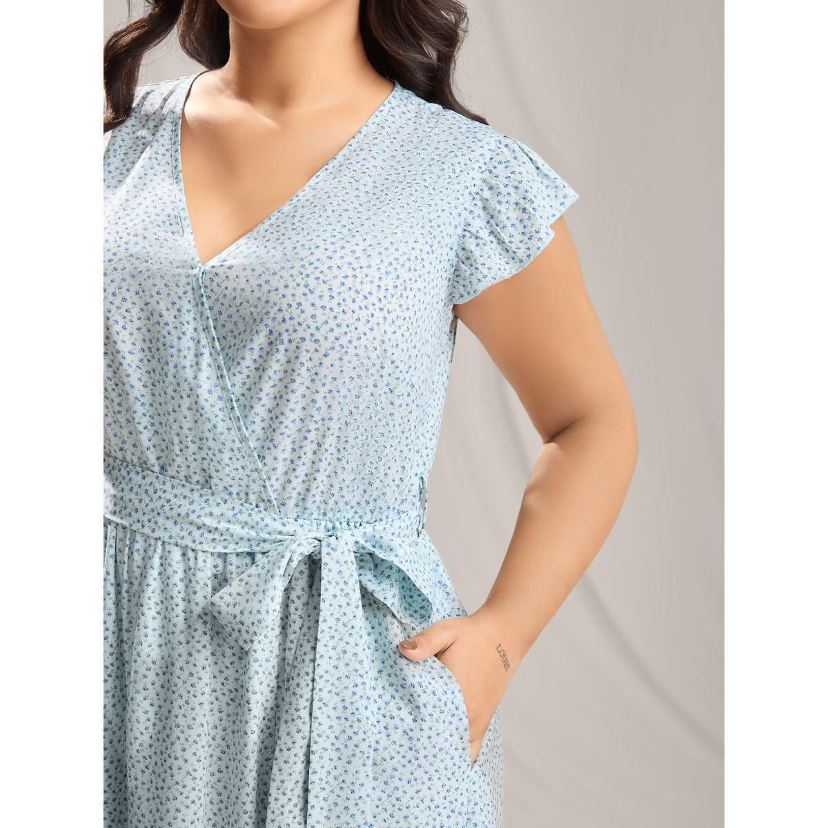 Plus Size Floral Print Slit Belted Maxi Dress LightBlue Women Overlap Collar Cap Sleeve Curvy BloomChic 22-24/3X Product Image