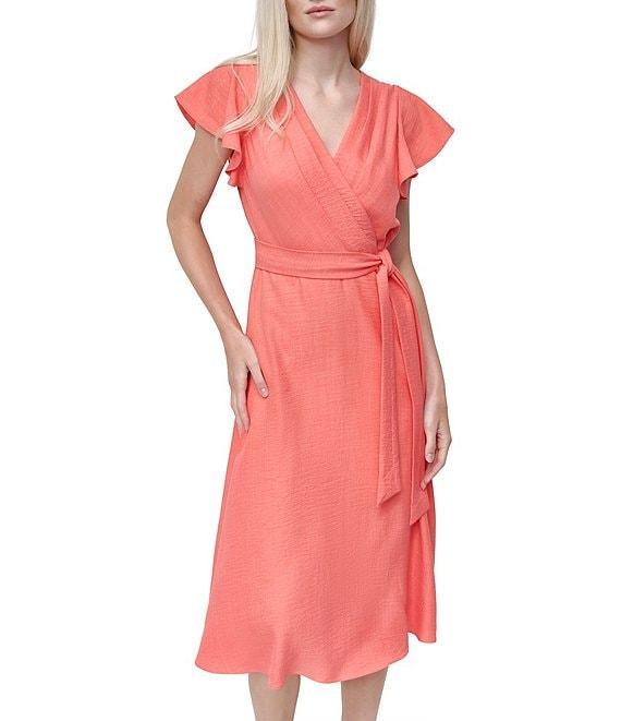 DKNY by Donna Karan Flutter Sleeve V Neck Woven Faux Wrap Midi Dress Product Image
