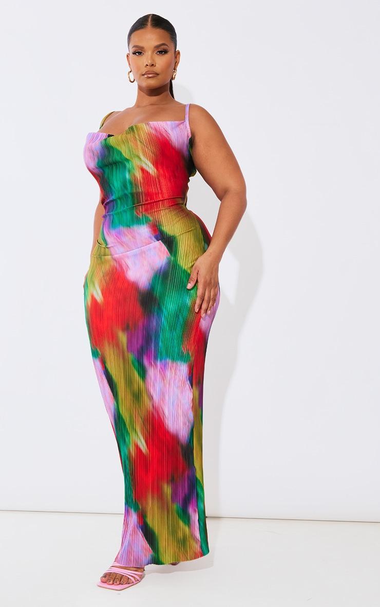 Plus Multi Printed Plisse Cowl Neck Maxi Dress Product Image