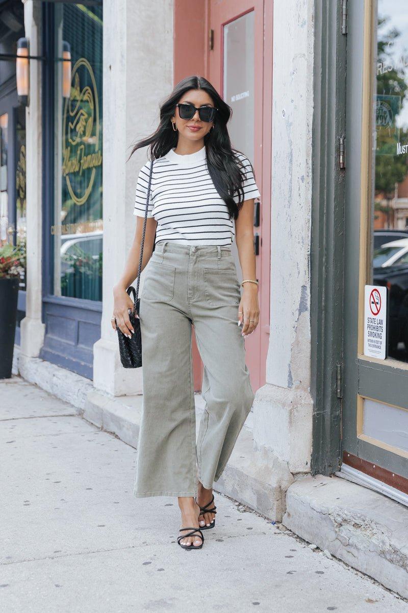 Neutral High Waisted Wide Leg Pants - Olive - FINAL SALE Product Image