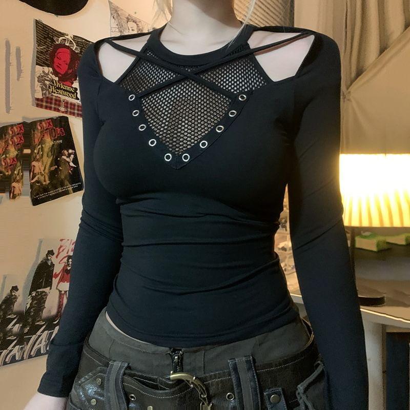 Long Sleeve Crew Neck Cut Out Fishnet Panel Crop Tee Product Image