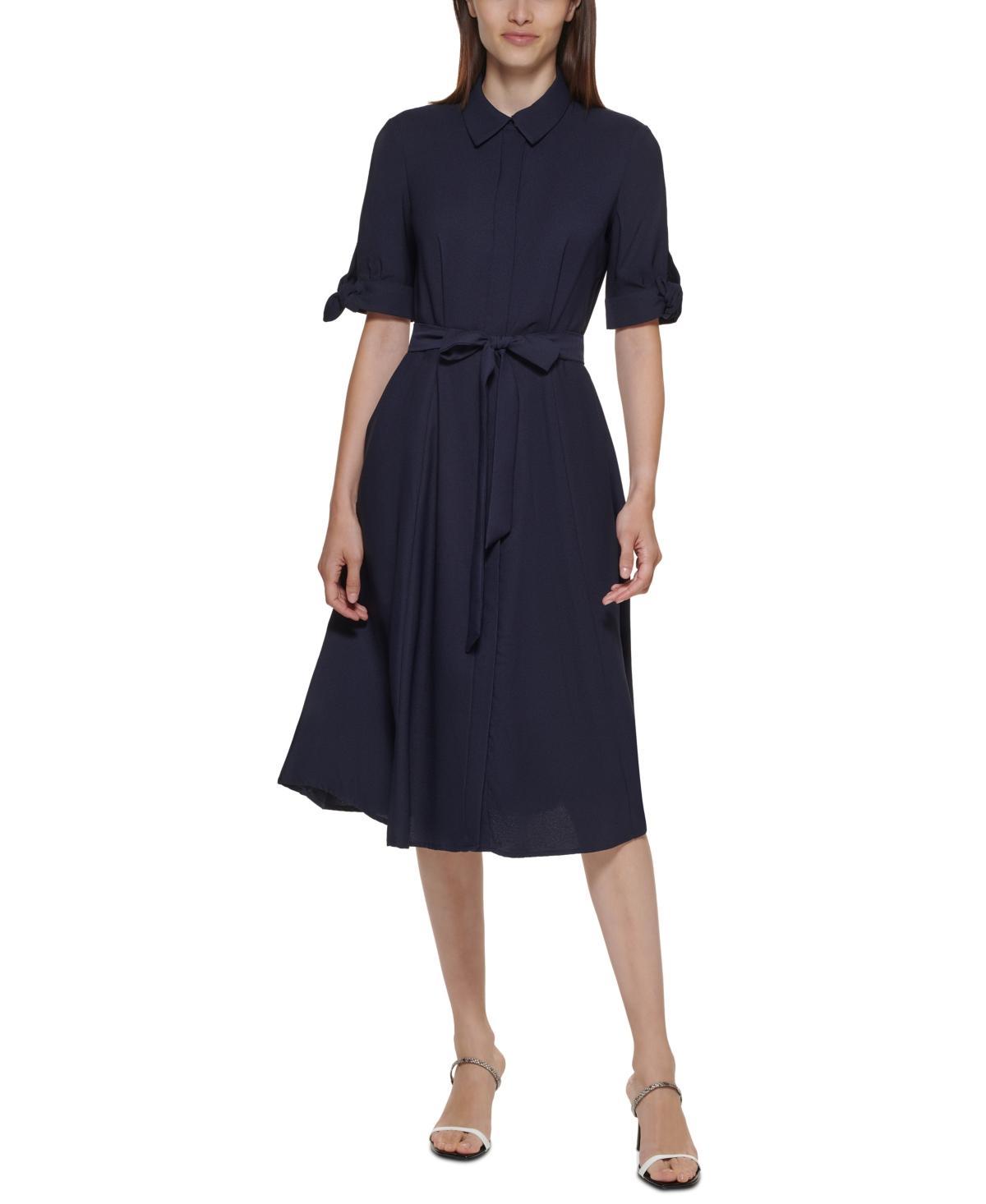 Calvin Klein Dot Crepe Shirt Dress with Short Sleeve Tie Detail (Indigo) Women's Dress Product Image
