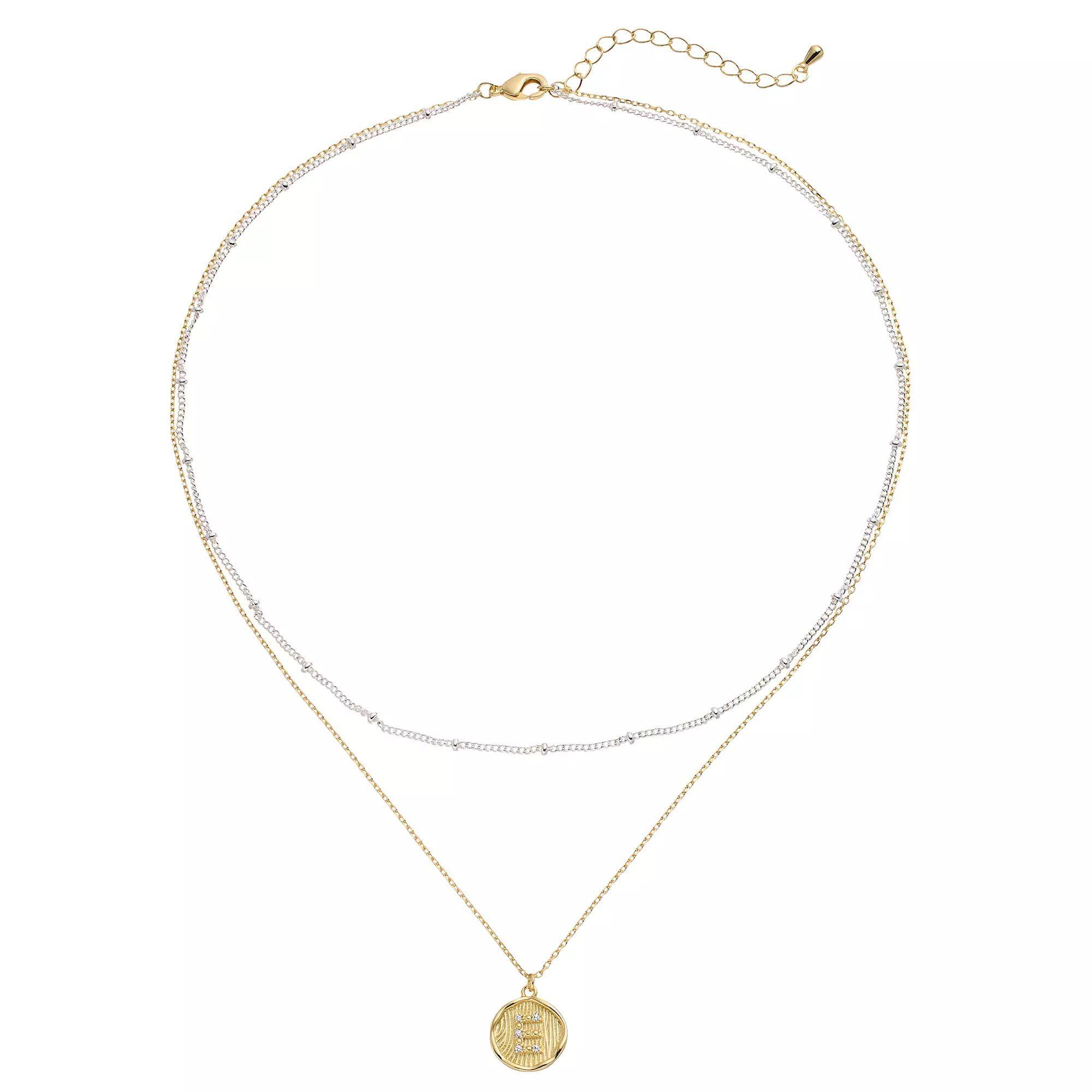 City Luxe Two Tone Layered Initial Disc Necklace with Cubic Zirconia, Women's, Size: 18", Two Tone S Product Image
