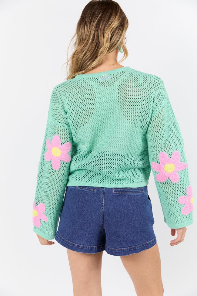 Follow You Around Mint And Pink Flower Embroidered Sweater SALE Product Image