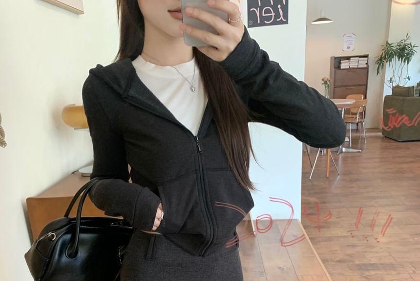 Hooded Plain Zip-Up Jacket / High Rise Maxi A-Line Skirt Product Image