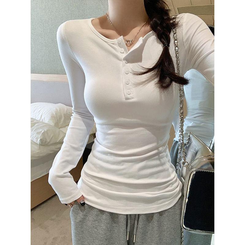 Long Sleeve Henley Plain T-Shirt Product Image