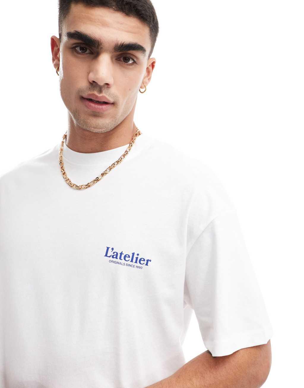Jack & Jones oversized T-shirt with blue L'atelier art back print in white Product Image