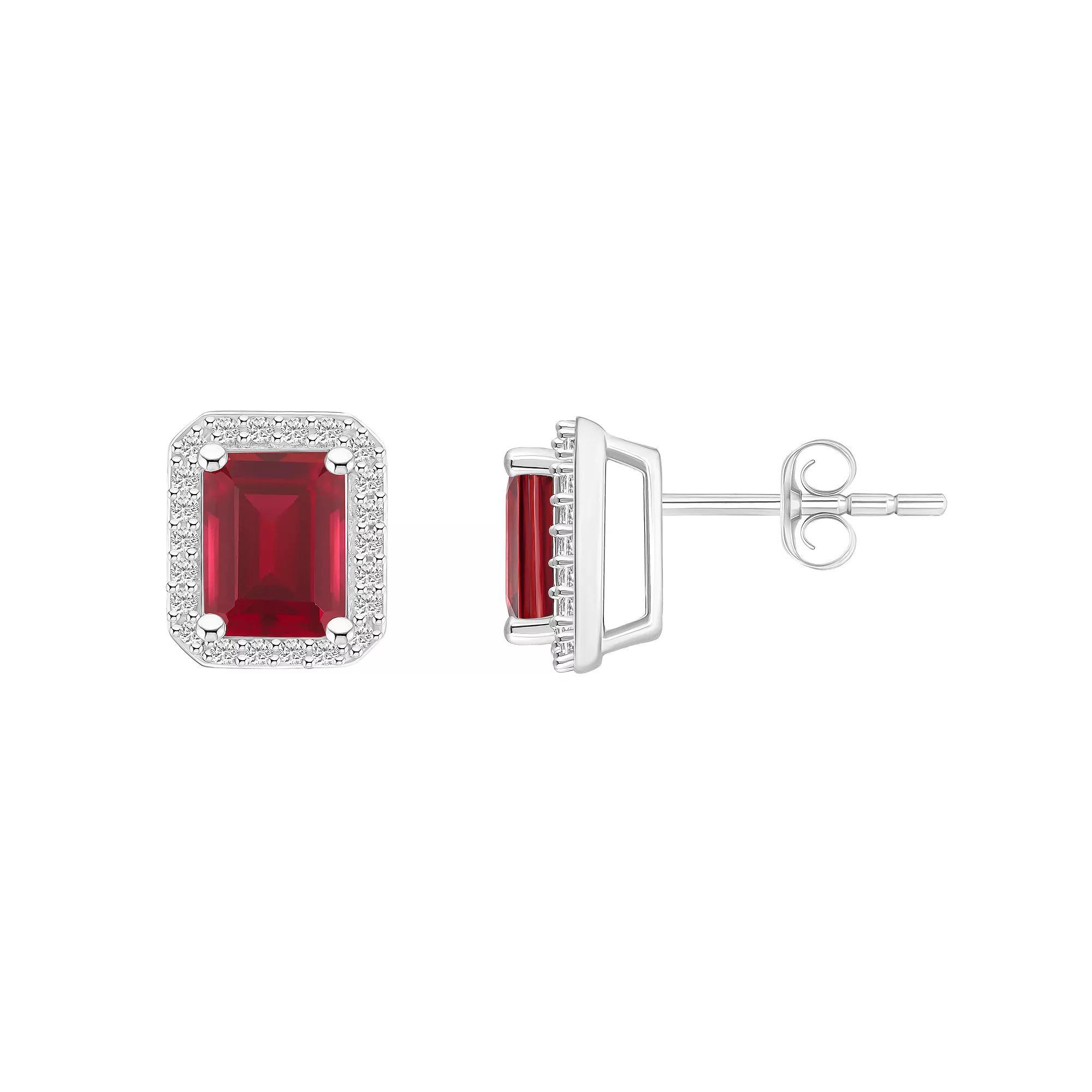 Celebration Gems 10k White Gold Emerald Cut Gemstone & Lab-Created White Sapphire Halo Stud Earrings, Women's, Created Red Product Image