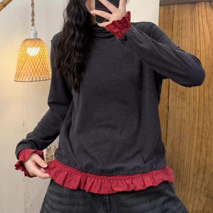 Long Sleeve Mock Neck Ruffle Panel Top Product Image