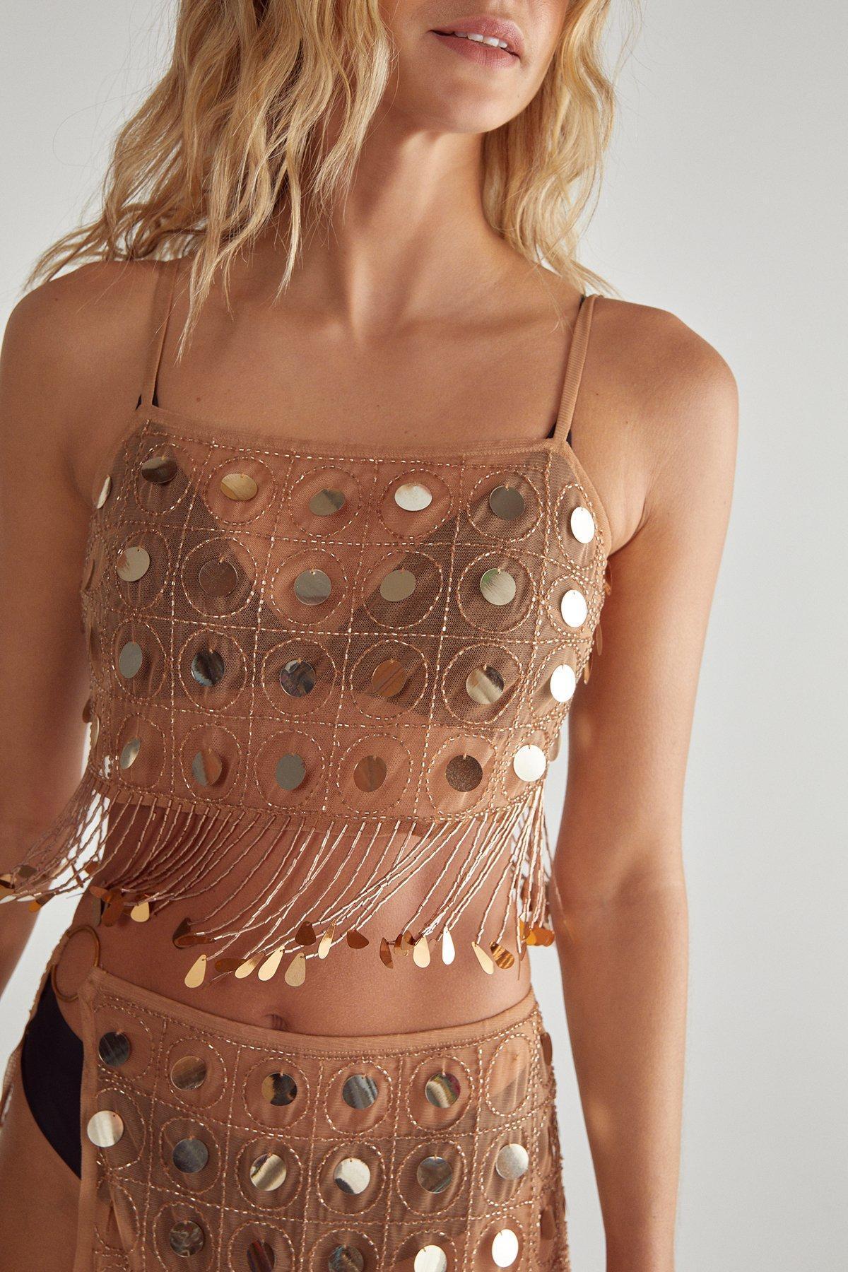 Coin and Tassel Detail Cropped Top and Mini Skirt Product Image