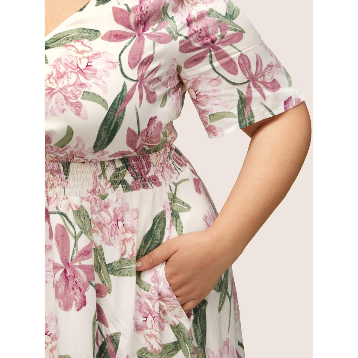 Plus Size Floral Print Elastic Waist Shirred Dress White Women Elegant Non V-neck Short sleeve Curvy Midi Dress BloomChic 14-16/1X Product Image