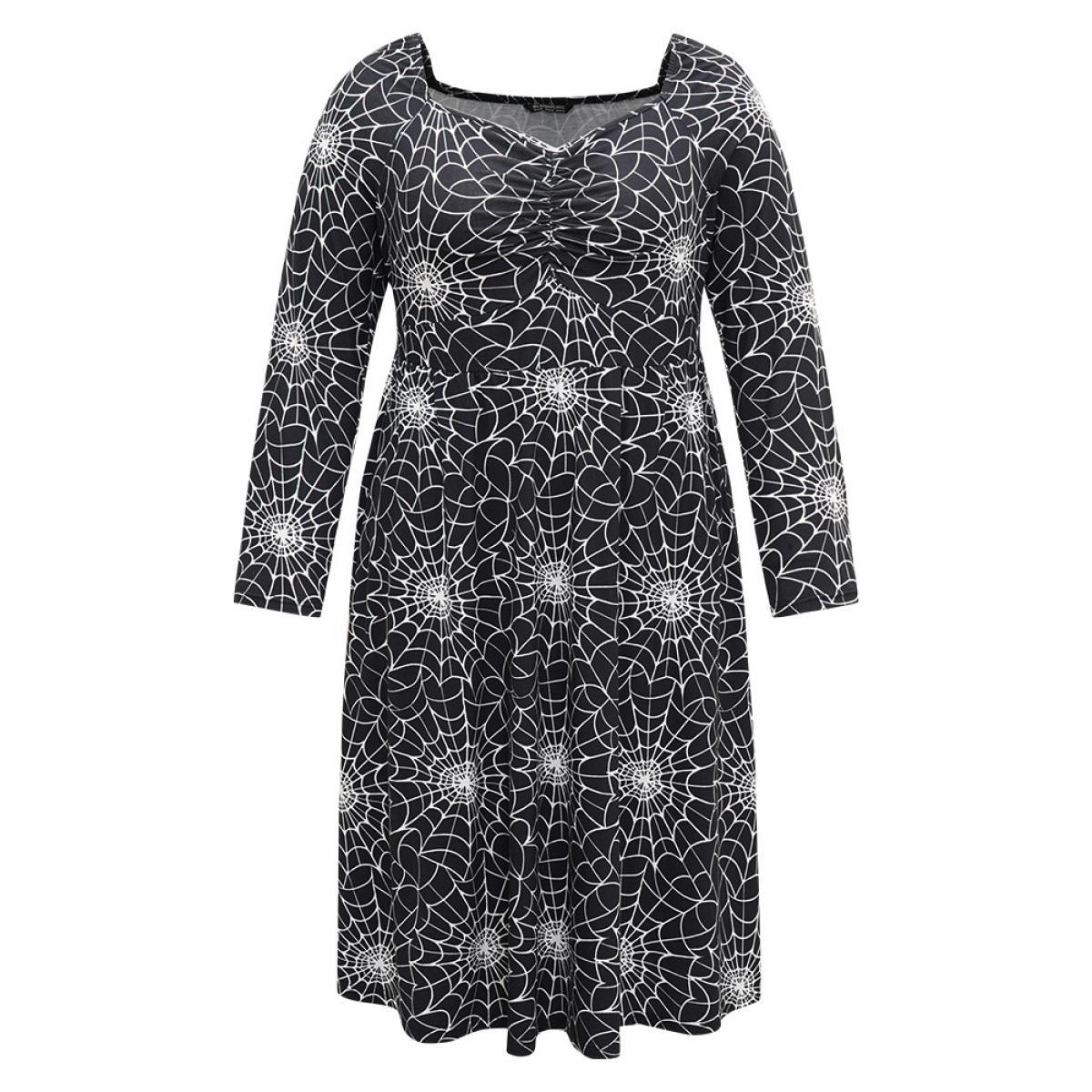 Plus Size Halloween Spider Web Pocket Square Neck Dress Black Women Casual Gathered Square Neck Long Sleeve Curvy Midi Dress BloomChic 18-20/2X Product Image