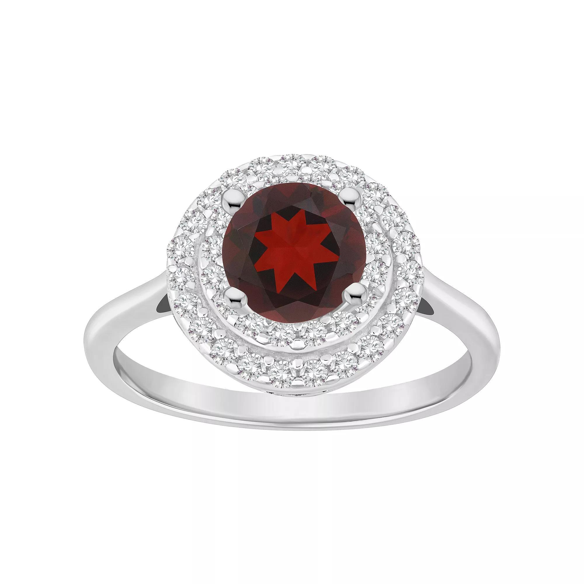 Celebration Gems Sterling Silver Round-Cut Garnet & White Topaz Double Halo Ring, Women's, Size: 7 Product Image