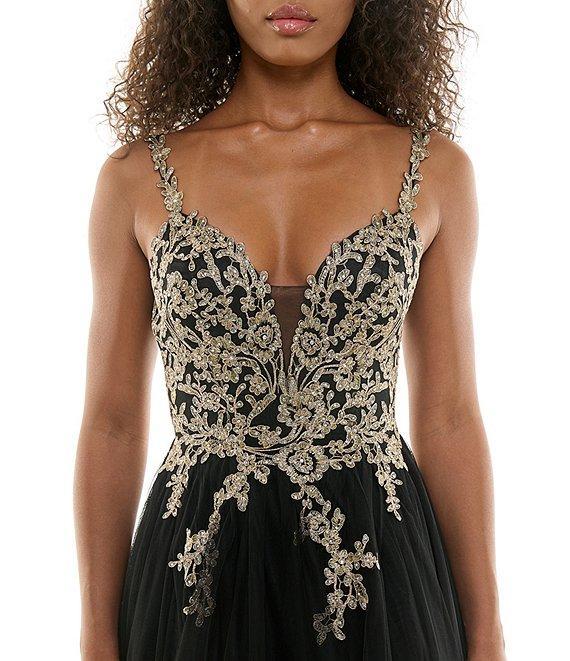 B. Darlin Sleeveless Spaghetti Strap Embellished Embroidered Ball Gown Product Image