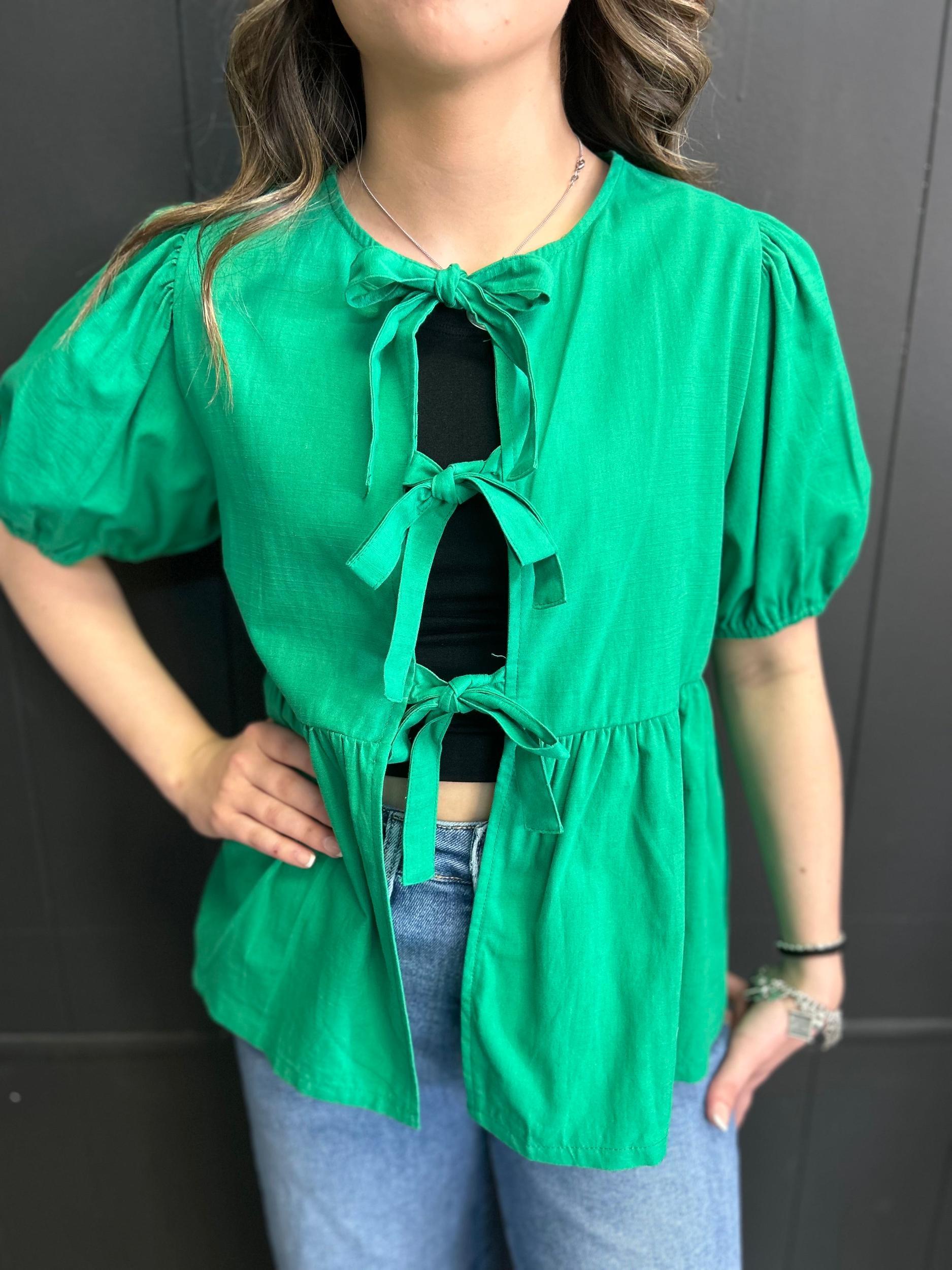 Short Sleeve Woven Front Bow Tie Top - 5 Colors* Product Image