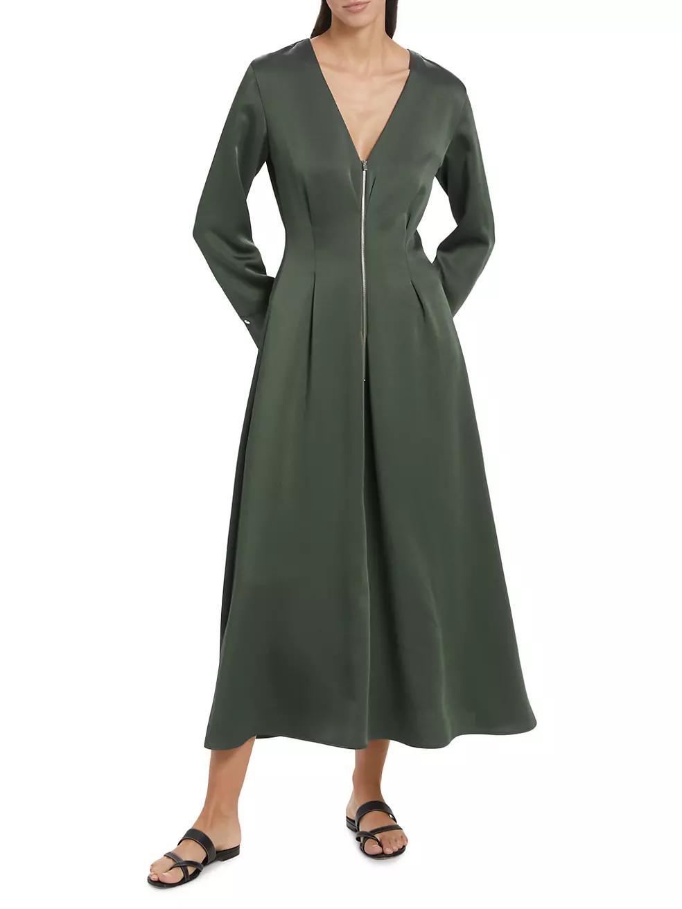 Satin Zip-Front V-Neck Maxi Dress Product Image