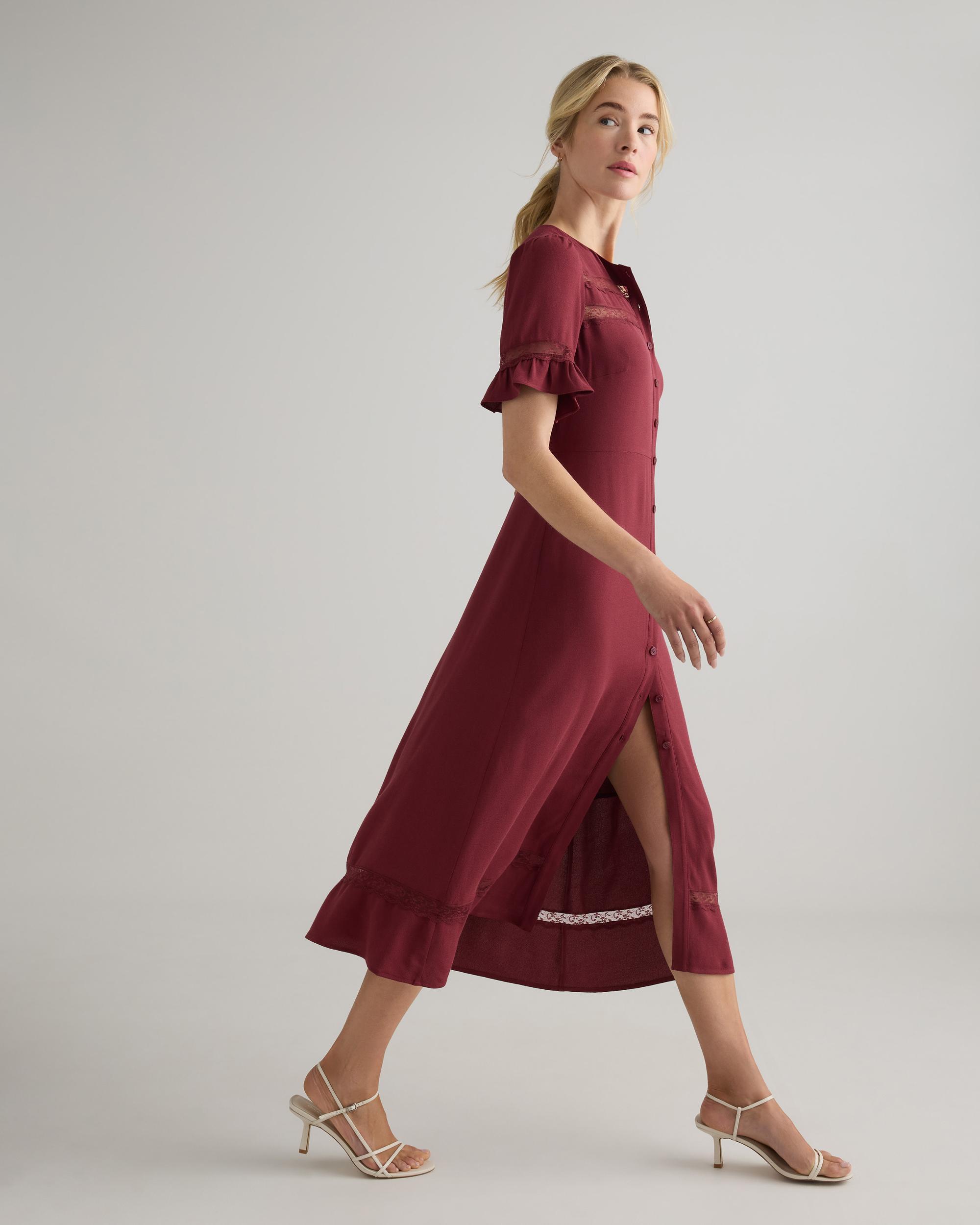 Quince | Women's Lightweight Crepe Lace Inset Midi Dress Viscose Product Image