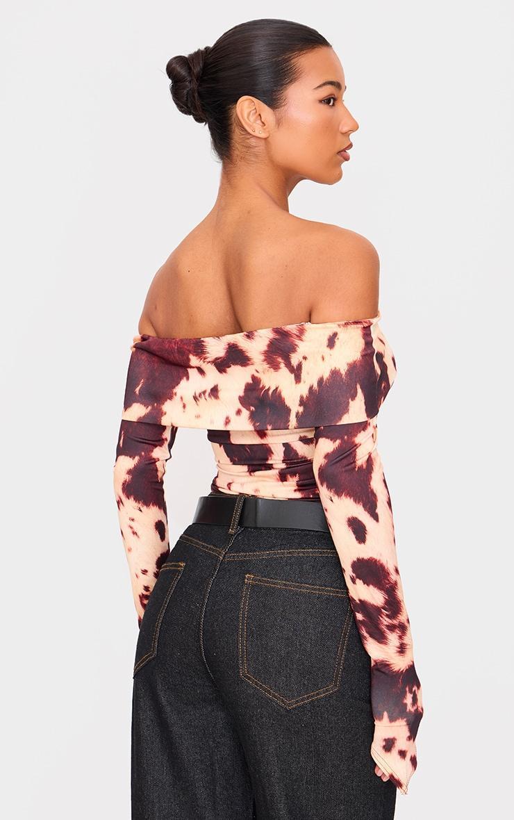 Brown Cow Print Slinky Bardot Asymmetric Long Top Product Image