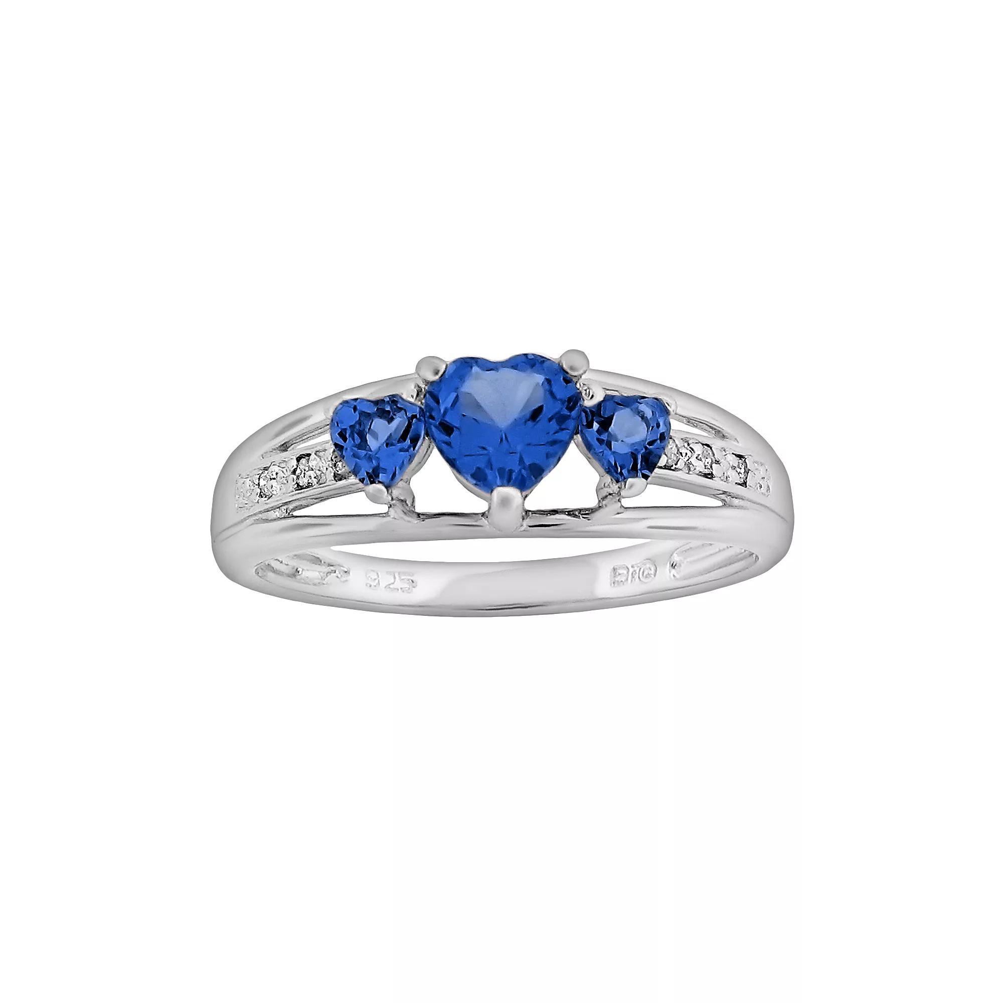 Gemminded Sterling Silver Lab-Created Sapphire and Diamond Accent Heart 3-Stone Ring, Women's, Size: 6, Blue Product Image