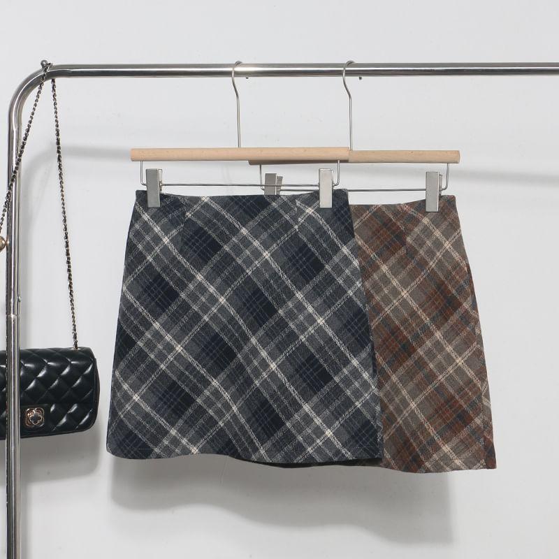High Rise Plaid A-Line Mini Skirt Product Image