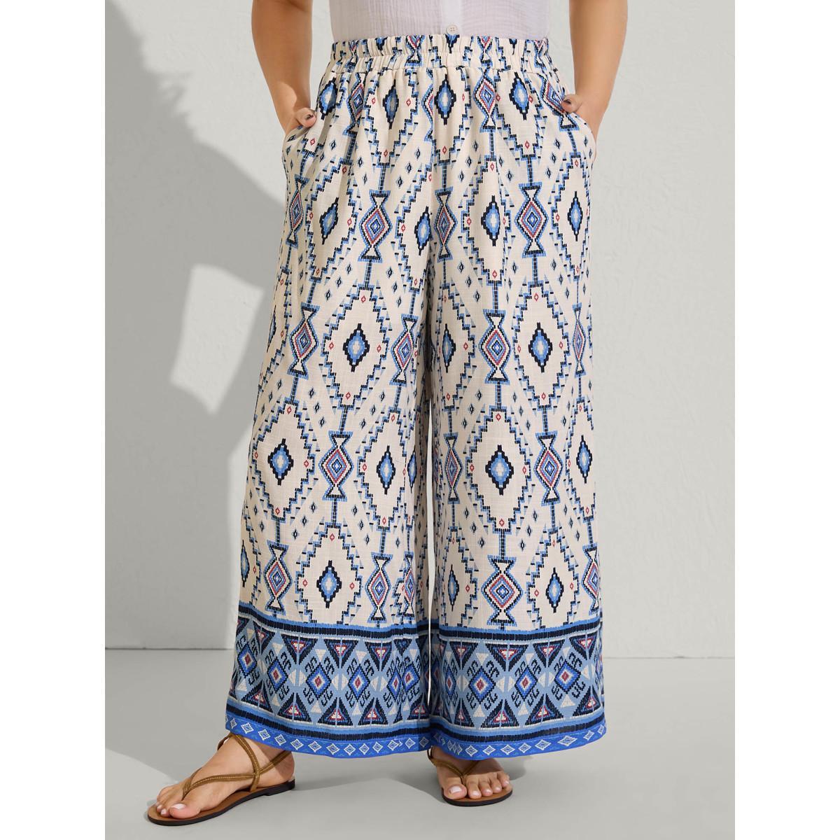 Plus Size Boho Print Pockets Wide-Leg Pants Women LightBlue Resort Wide Leg Mid Rise Vacation Pants BloomChic 28/5X Product Image