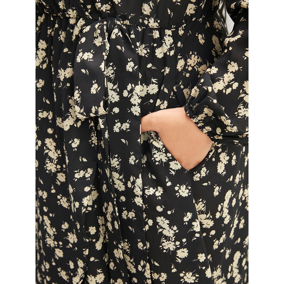 Plus Size Floral Wrap Lantern Sleeve Pocket Asymmetrical Hem Dress Black Women Elegant Cross straps V-neck Long Sleeve Curvy Long Dress BloomChic 22-24/3X Product Image