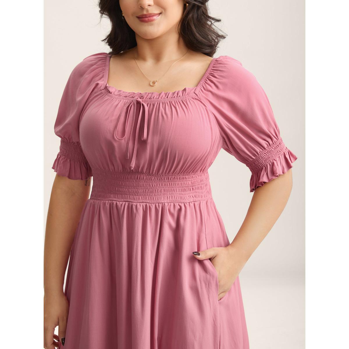 Plus Size Rayon Stretchy Waist Pockets Milkmaid Dress Watermelon Women Square Neck Short sleeve Curvy BloomChic 26/4X Product Image