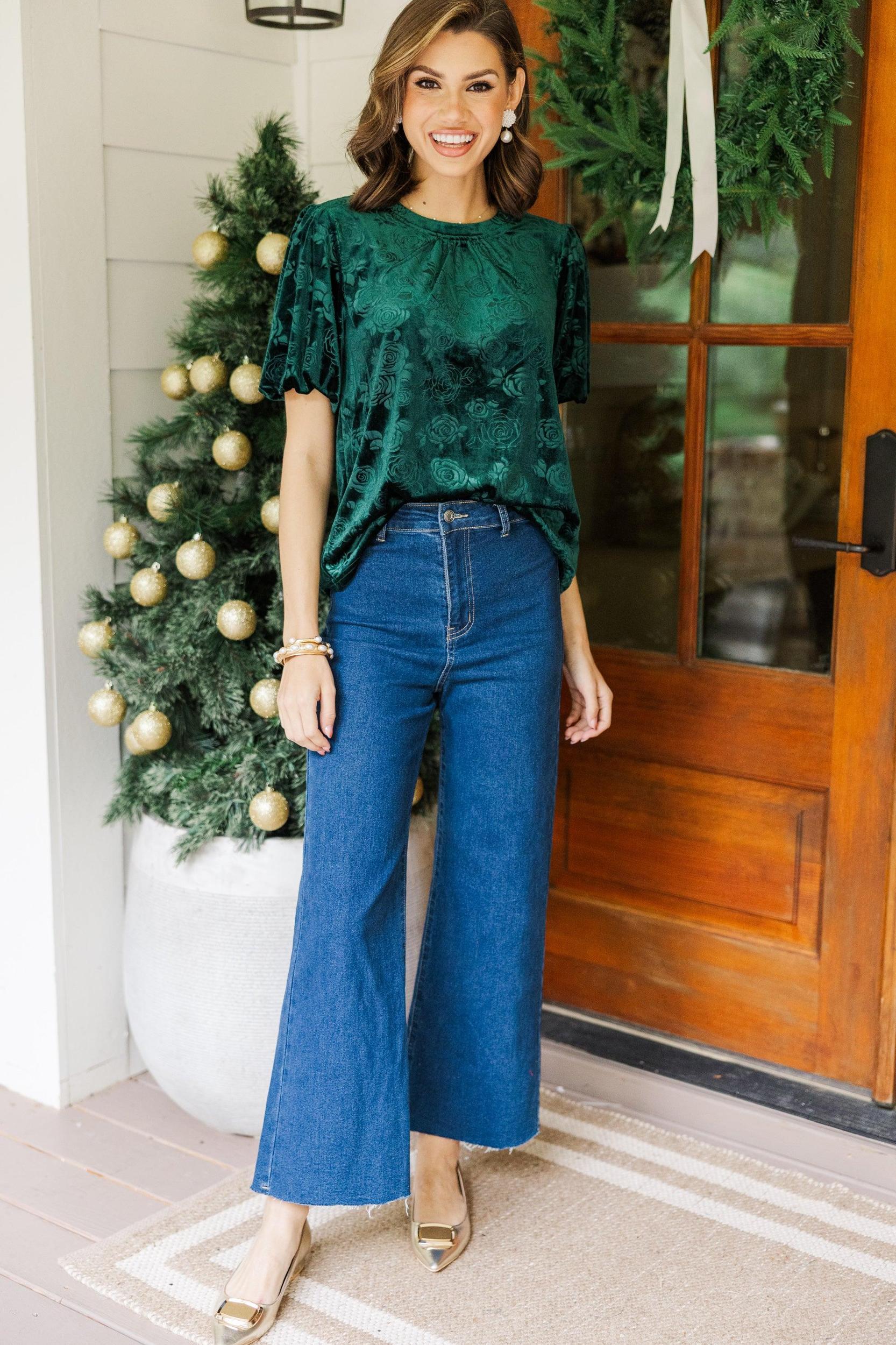 All In Emerald Green Floral Velvet Blouse Female Product Image