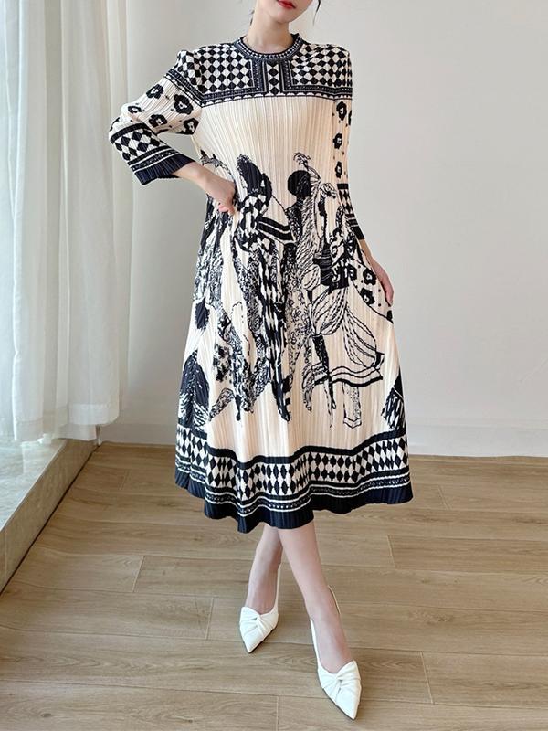 A-Line Loose Pleated Printed Round-Neck Midi Dresses Product Image