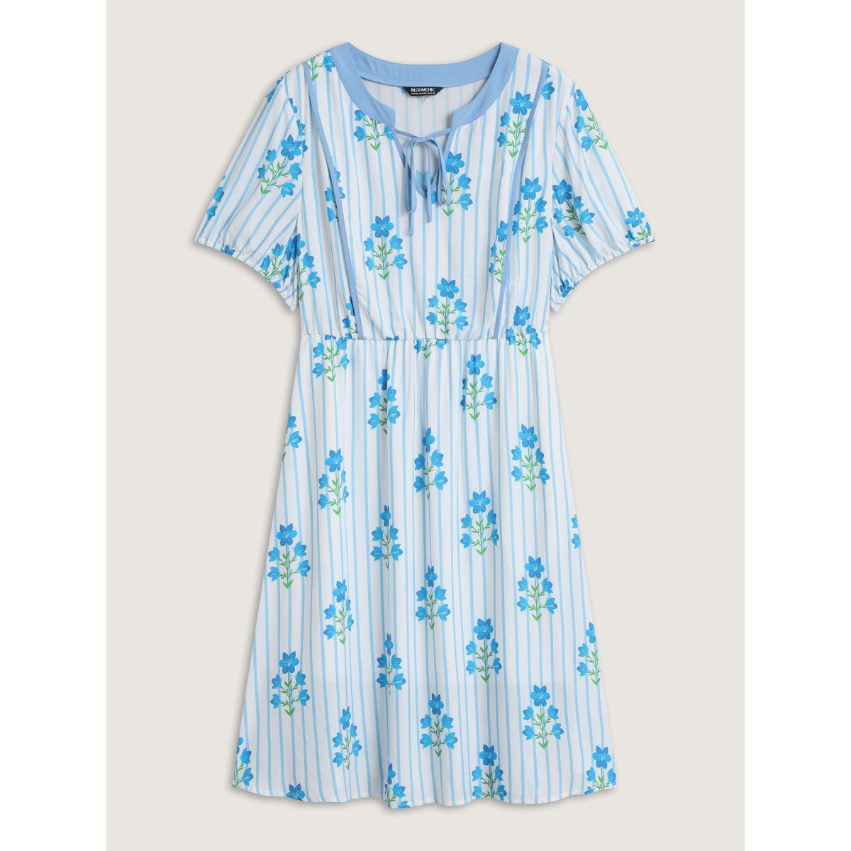 Plus Size Stripe Floral Notched Neck Tie Midi Dress Skyblue Women Notched collar Short sleeve Curvy BloomChic 12/L Product Image