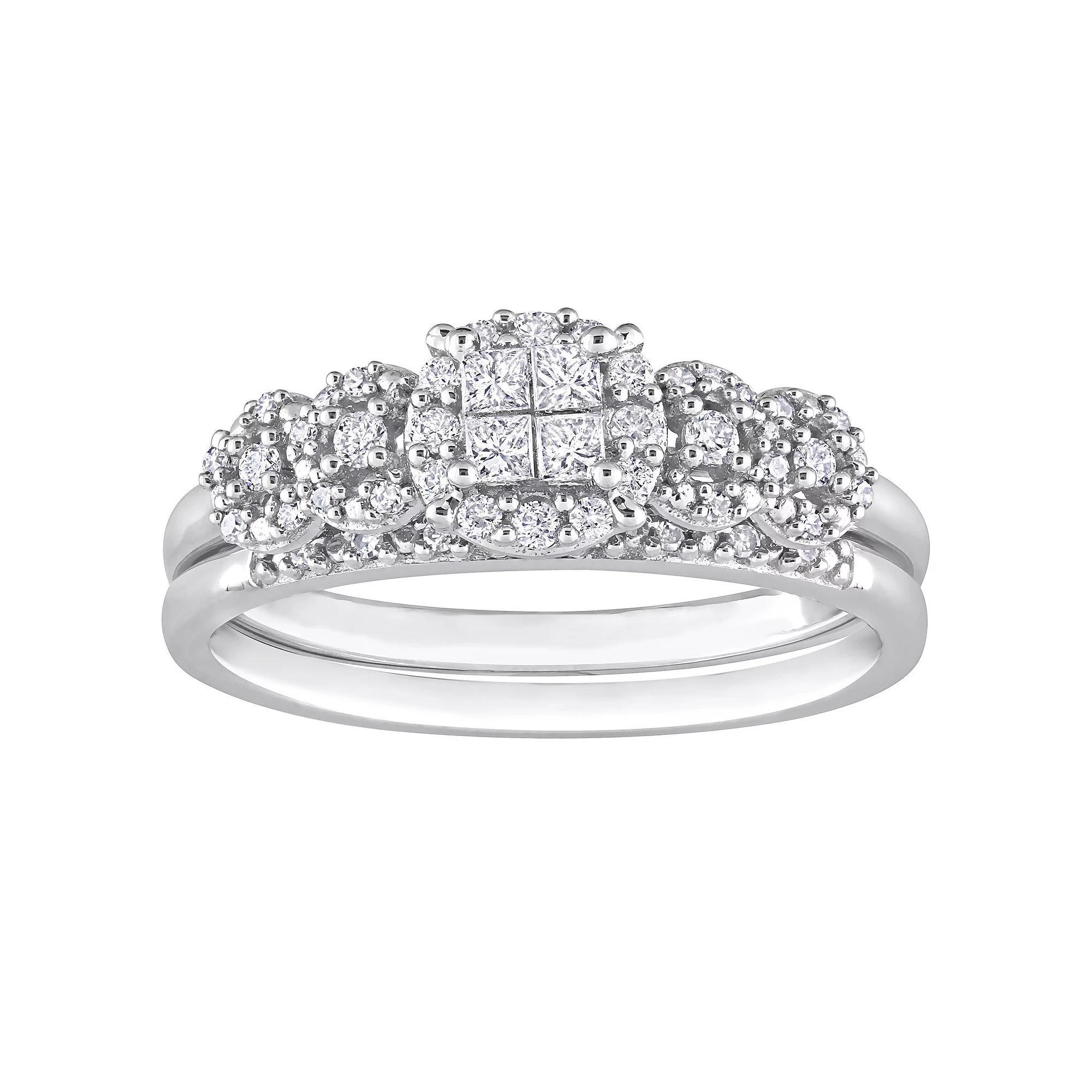 Stella Grace 10k White Gold 1/3 Carat T.W. Diamond Cluster Bridal Ring Set, Women's, Size: 7.50 Product Image