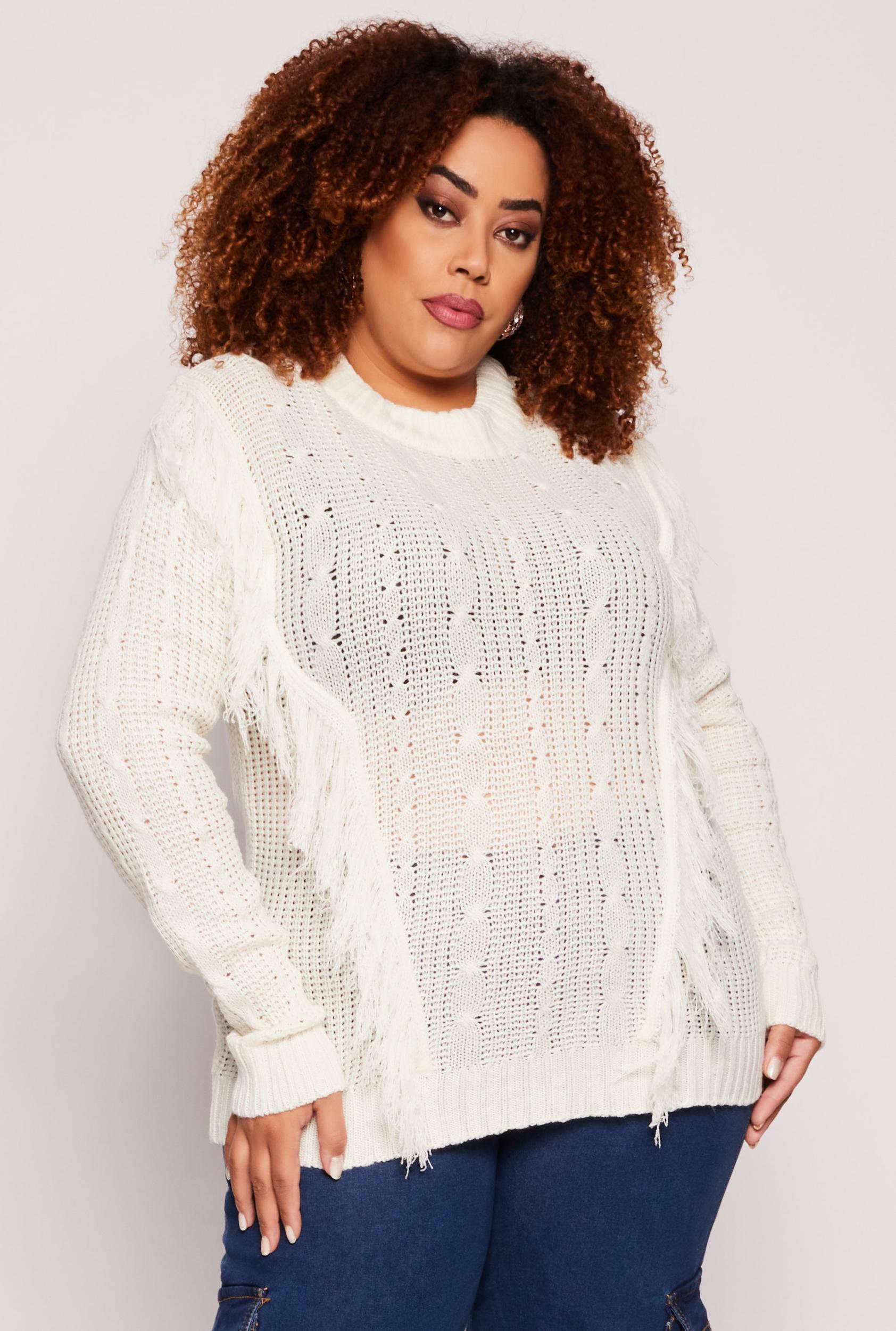 Womens Plus Size Fringe Cable Knit Sweater Product Image
