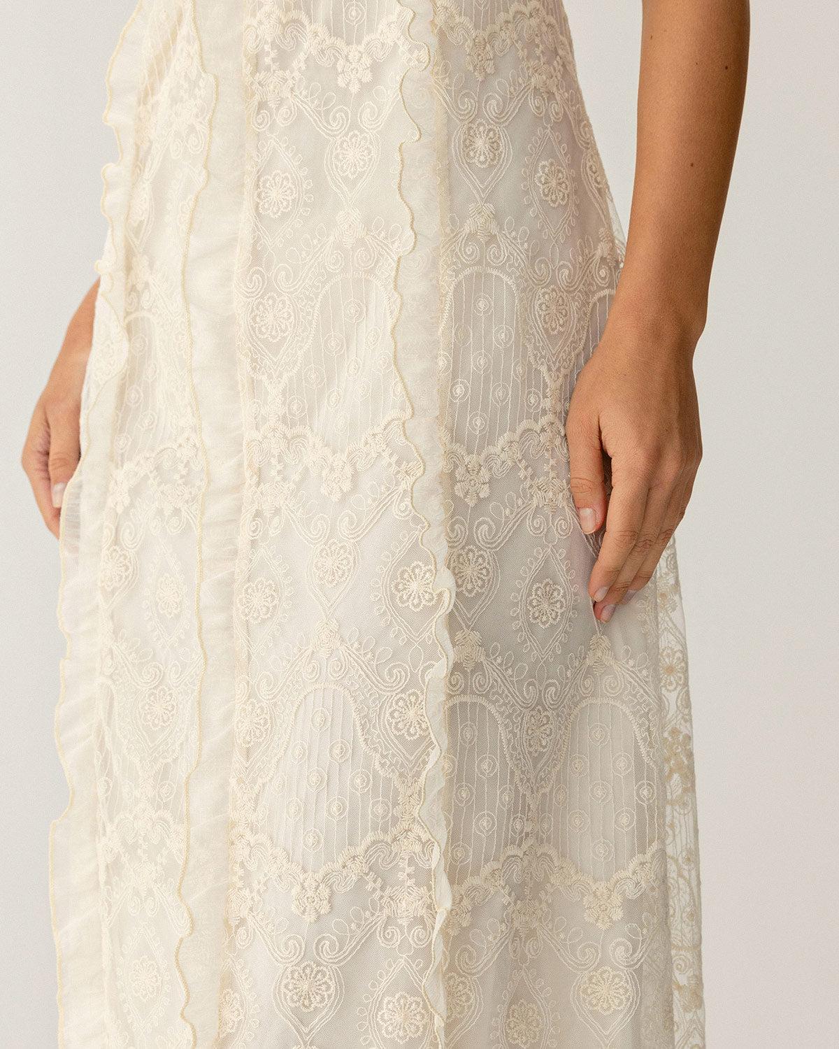 Apricot Textured Lace Slip Maxi Dresses Product Image
