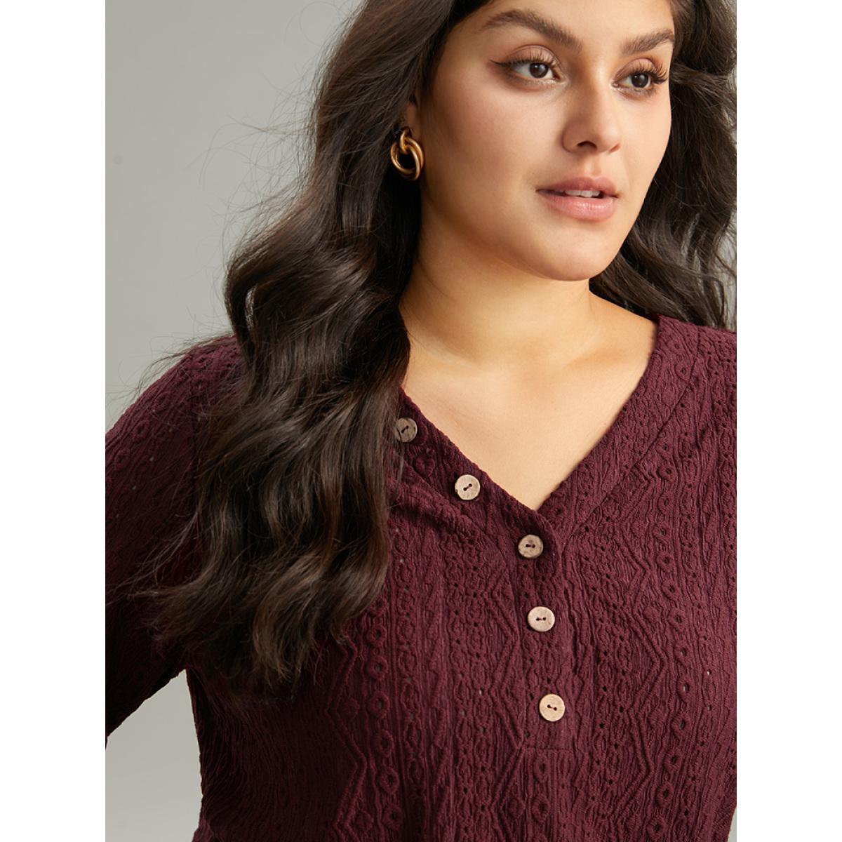 Plus Size Broderie Anglaise Button Detail Jacquard T-shirt Burgundy Women Elegant Texture Plain V-neck Dailywear T-shirts BloomChic 12/L Product Image