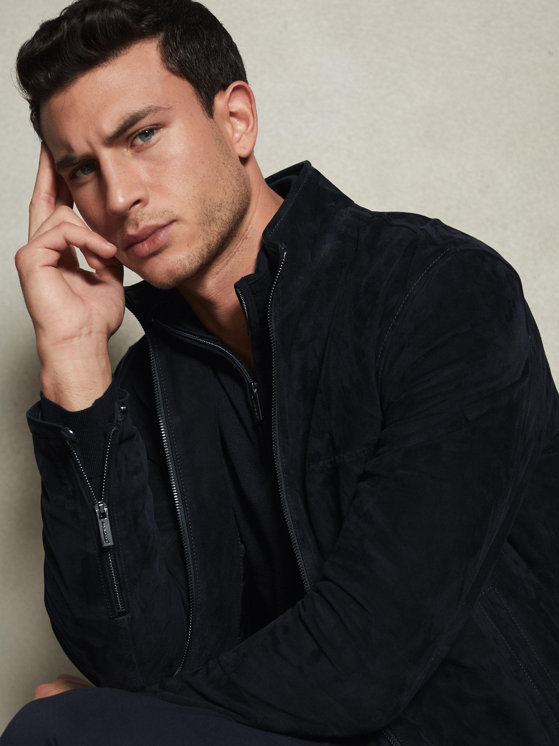 Suede Zip-Through Jacket in Navy Product Image