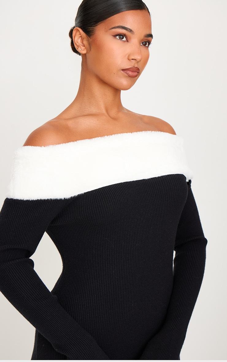 Black Rib Knit Contrast Fur Trim Bardot Maxi Dress Product Image