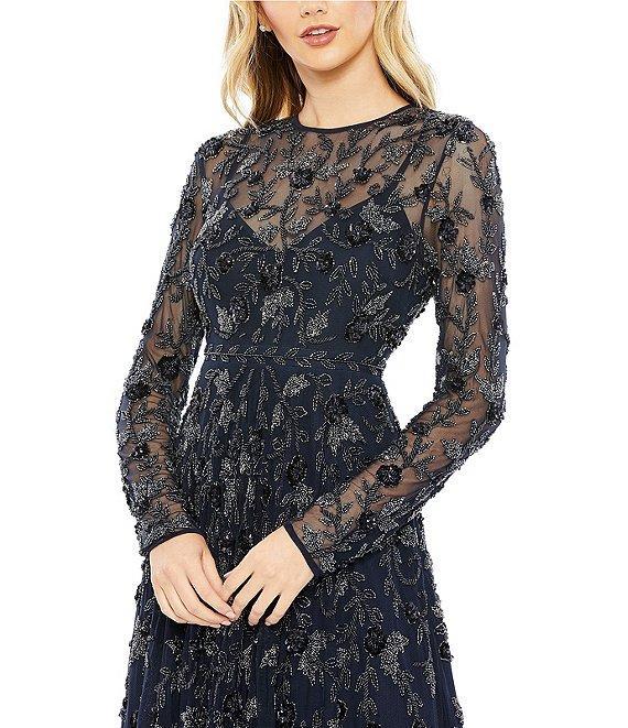 Mac Duggal Illusion Crew Neck Long Sheer Sleeve Beaded A-Line Midi Dress Product Image