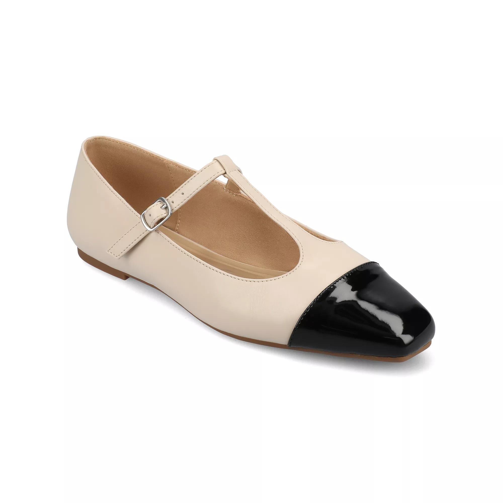 Journee Womens Theah Medium and Wide Width T-Strap Cap Toe Mary Jane Dress Flats Ivory Product Image