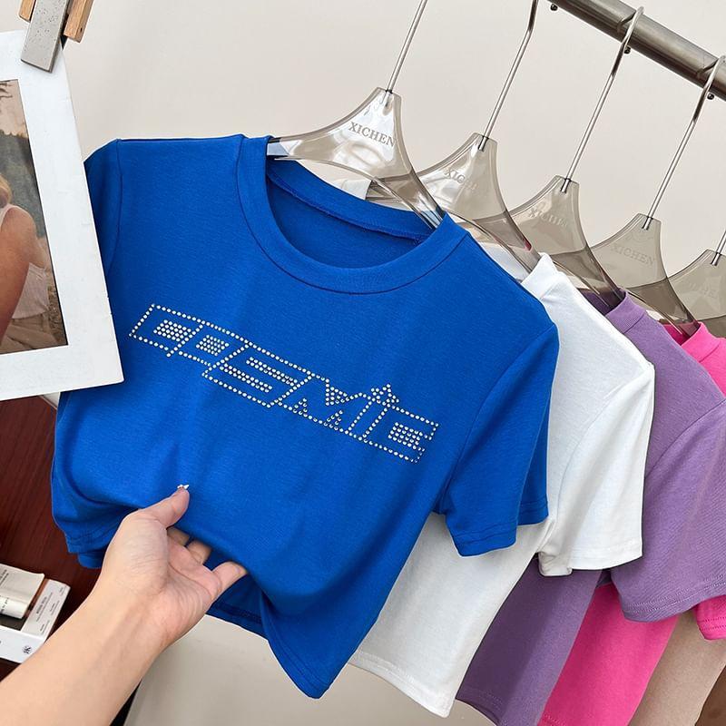 Short-Sleeve Round Neck Lettering Rhinestone T-Shirt Product Image