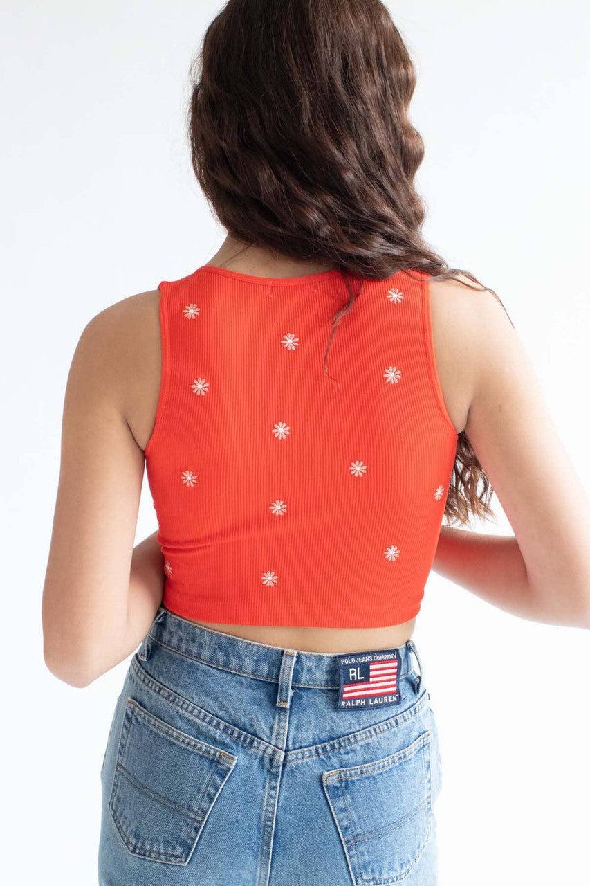 Red Embroidered Flower Seamless Notch Tank Product Image