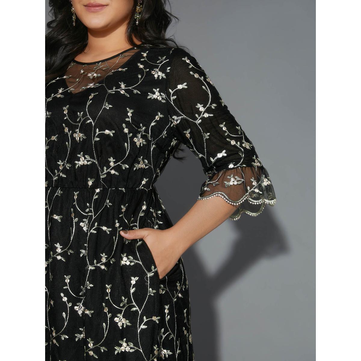 Plus Size Floral Embroidered Ruffles Mesh Dress BlackFlower Women Cocktail Texture Party Curvy Bloomchic 22-24/3X Product Image