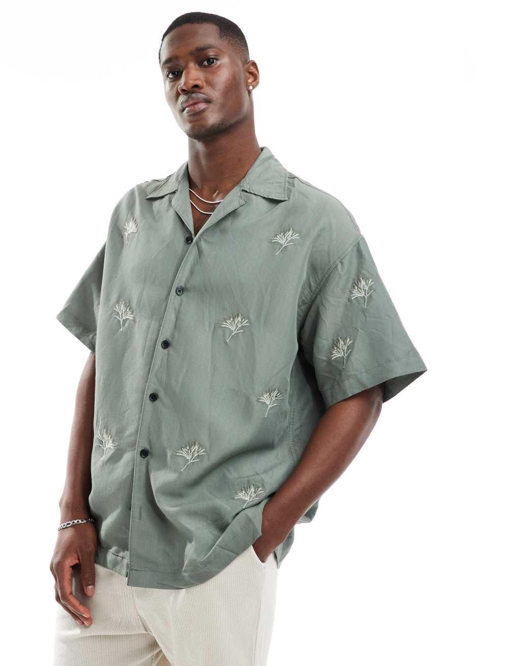 Jack & Jones boxy fit camp collar shirt with flower embroidery in khaki  Product Image