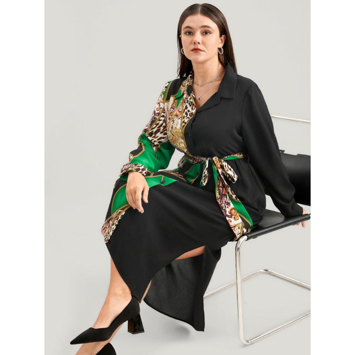 Plus Size Chain Print Shirt Collar Pocket Split Belted Button Up Dress Green Women Office Printed Shirt collar Curvy Midi Dress BloomChic 30/6X Product Image