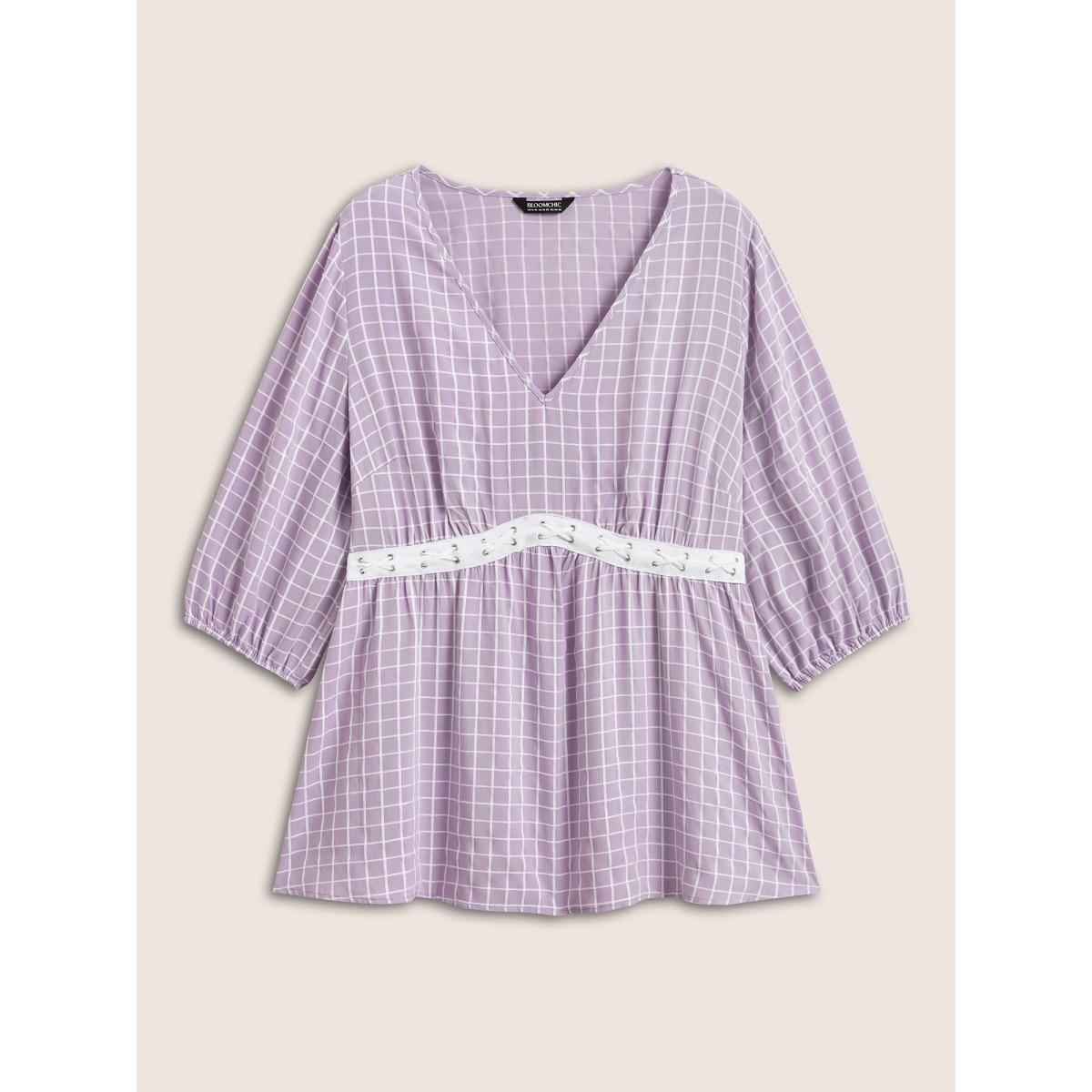 Plus Size Lavender Gingham Patchwork Lantern Sleeve Blouse Women Casual Elbow-length sleeve V-neck Everyday Blouses BloomChic 18-20/2X Product Image