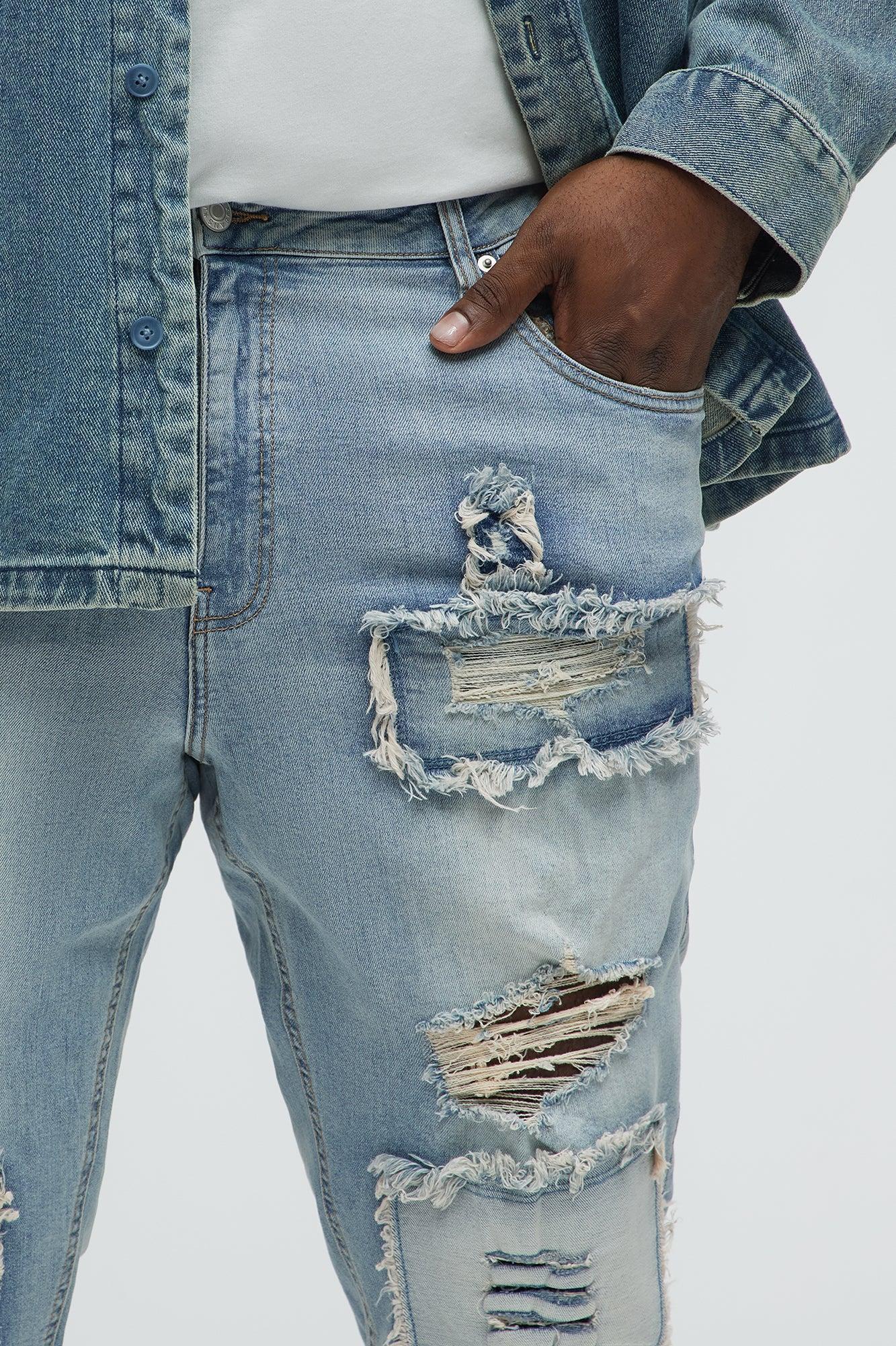 Shredded Patchwork Skinny Jeans - Light Wash Product Image