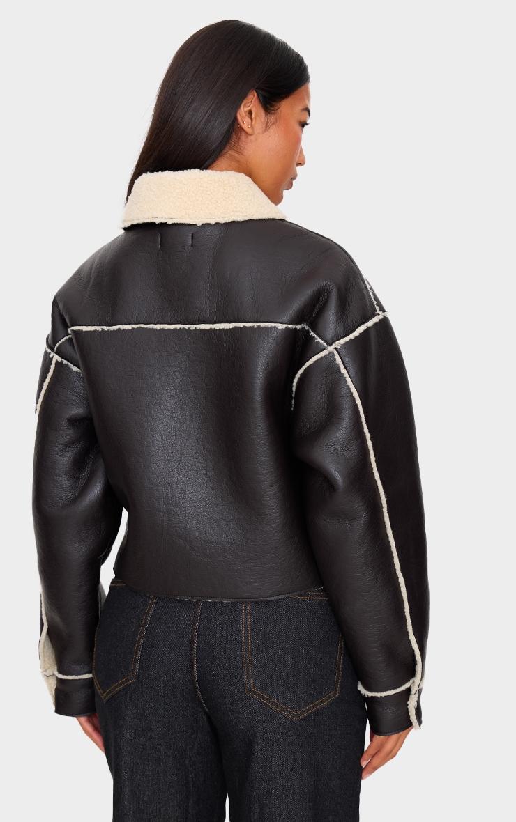 Black Textured Faux Leather Borg Trim Cropped Coat Product Image
