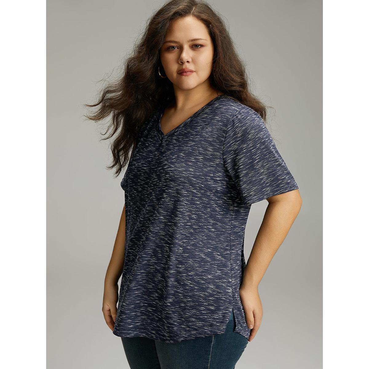 Plus Size Heather Split Side Basic T-shirt Indigo Women Casual Texture Plain V-neck Dailywear T-shirts BloomChic 22-24/3X Product Image